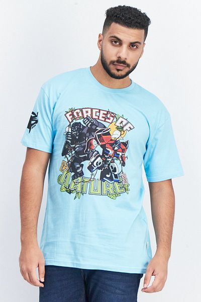 transformers Men Crew Neck Short Sleeve Graphic Print T Shirt, Blue Combo