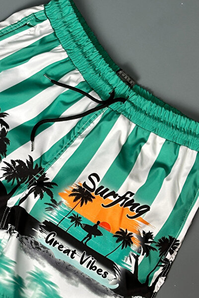 ROY501 Erkek Deniz Şortu Desenli Cep Fermuarlı Fileli Deniz Şortu