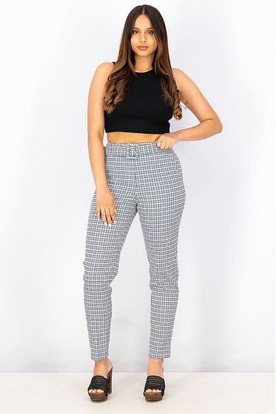 Esprit Women Regular Fit Belted Woven Pants, Blue Combo