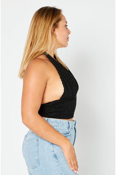 NA-KD Women Halter Neck Sleeveless Glitter Crop Top , Black