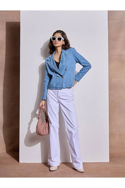 Sassafras By Styli Denim Front Button Notch Collar Crop Blazer