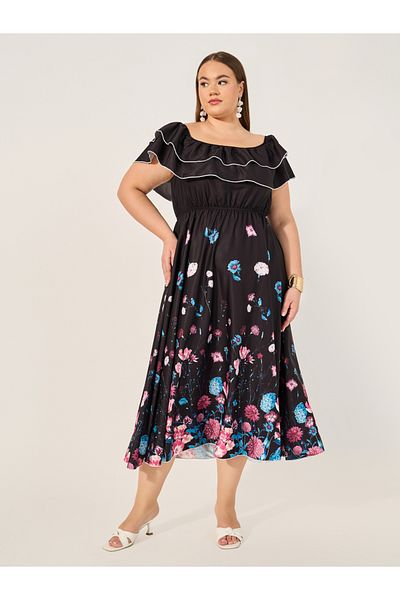 Styli Plus Size Floral Print Off Shoulder Midi Dress