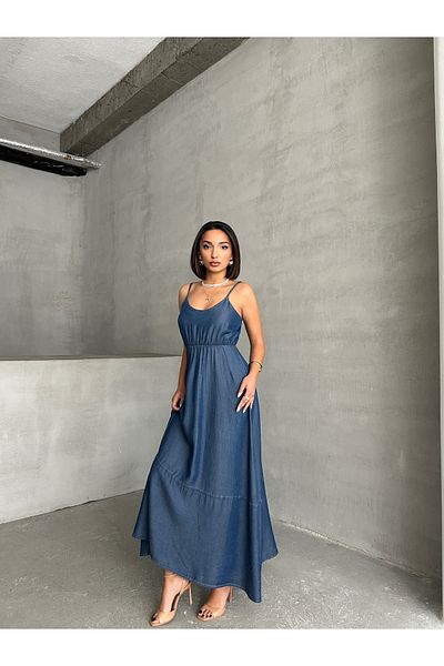 Miss Prova Thin Strap Talex Rubber Waist Long Summer Denim Dress Miss929