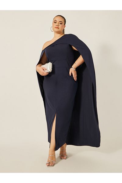 Styli Plain Cape Sleeve Front Slit Maxi Dress