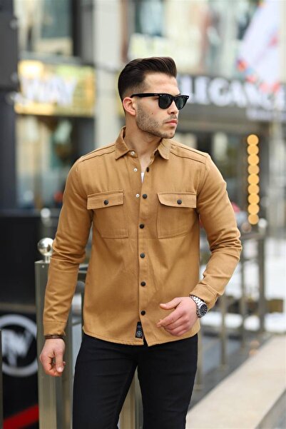 Pobudo Camel Color Double Pocket Snap Denim Shirt