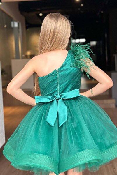 Riccotarz Κοριτσίστικη φούστα με έναν ώμο με φτερωτό στήθος Πράσινο βραδινό φόρεμα με αφράτο τούλι