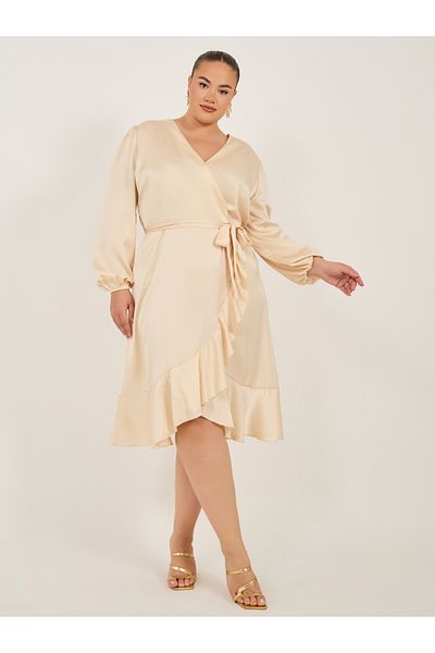 Styli Plus Size Balloon Sleeves Wrap Midi Dress