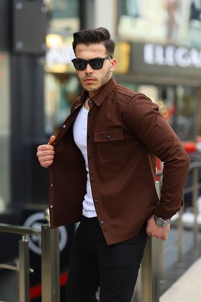 Pobudo Brown Color Double Pocket Snap Fastener Denim Shirt