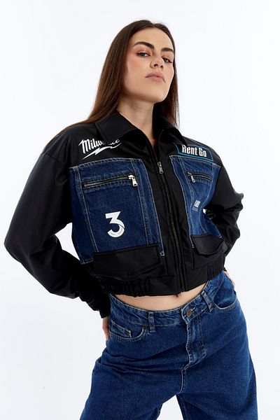 CHOS7N Jachetă de blugi oversize pentru femei, cu mâneci din piele, cu garnitură, haină de motociclist, cu imprimeu, pentru curse, pentru colegiu