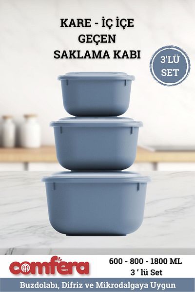 BAGER MARKET Set of 3 Microwave Compatible Storage Containers, Airtight, Leakproof Food Container with Hard Lid