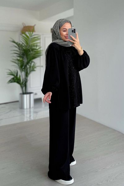 Ka Hijab Set cu pliuri strălucitoare - negru