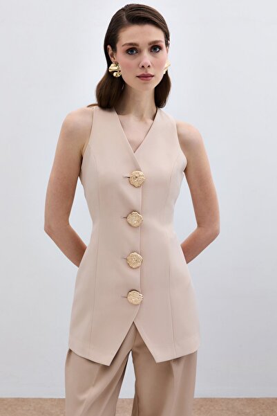 Sateen Gold Düğmeli Yelek - Bej