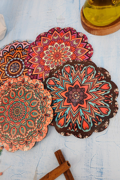 MONTESEV Renkli Desenli Nihale Ahşap Tencere Tava Çaydanlık Atlığı Nihale Seti 4 lü Set