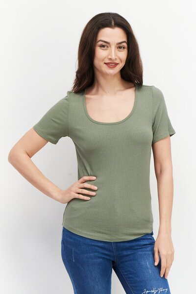 Jenni Intimates Women Scoop Neck Short Sleeves Ribbed Top, Olive