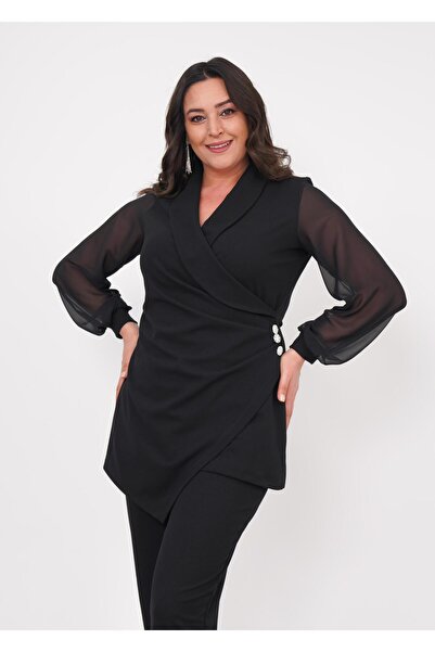 Butik Nilyam Γυναικείο βραδινό φόρεμα με μεγάλο μέγεθος με διπλό γιακά σιφόν μπαλόνι με μανίκια με κουμπιά μέσης 24716