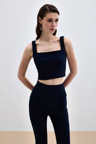 Sateen Square Neck Crop Blouse - Navy Blue