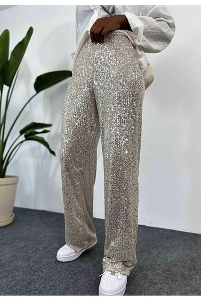 Şeker Portakalım Beige Colored Loose Cut Design - Elastic Waist and Sequin Sequined Trousers