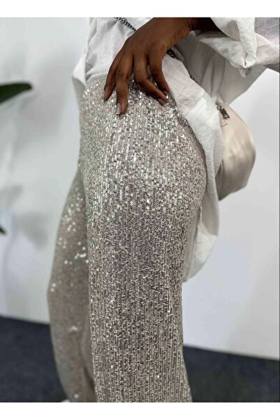 Şeker Portakalım Beige Colored Loose Cut Design - Elastic Waist and Sequin Sequined Trousers
