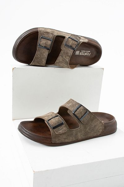 Foxter Men's Orthopedic Daily Non-Slip Sole Soft Leather Buckle Stylish Home and Outdoor Slippers