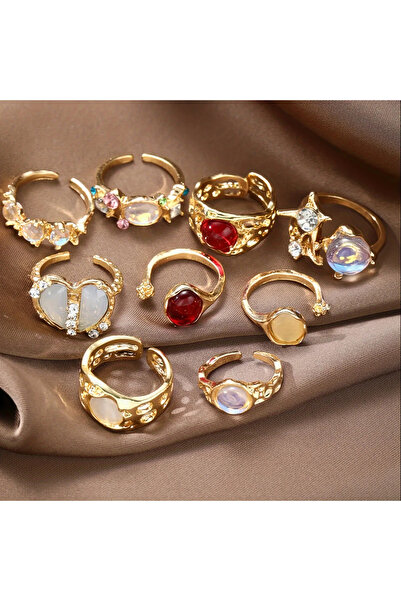 Takıtolia Alise - 9 Adet Kristal Taşlı Kırmızı Şık Tasarım Vintage Çoklu Ayarlanabilir Gold Altın Yüzük Seti