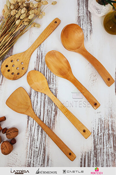 MONTESEV Ahşap Tahta Mutfak Kaşık Seti 5 Parça Kayın , Şimşir ve Bambu Ağacı Ağaç Kaşık