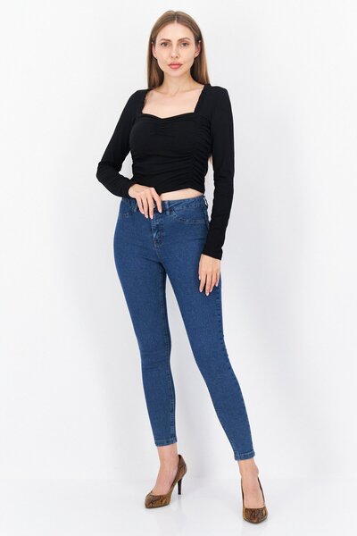 NA-KD Women Square Neck Long Sleeve Plain Shirt, Black