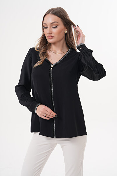 Loom Boutique Büyük Beden Şerit Detaylı Plise Kollu Bluz
