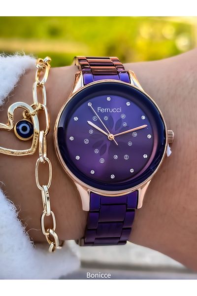 Ferrucci Brand Steel Cord, Stoned Stylish Dial, Waterproof, Purple Color Women's Wristwatch + Bracelet