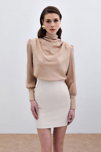 Sateen Draped Patterned Blouse - Camel