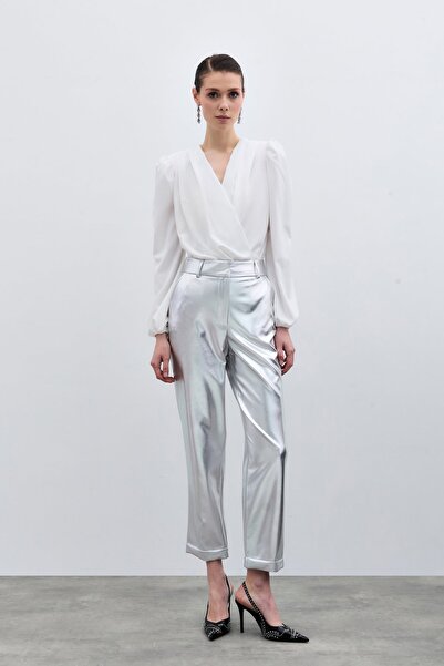 Sateen Ψηλόμεσο γυαλιστερό παντελόνι - Ασημί