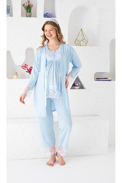 JENİKA Set de pijamale din 3 piese pentru gravidă, cu mâneci lungi, cu detaliu din dantelă, cu nasturi deschise