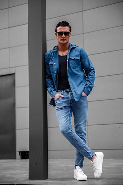 Pobudo Petrol Color Hooded Denim Jacket