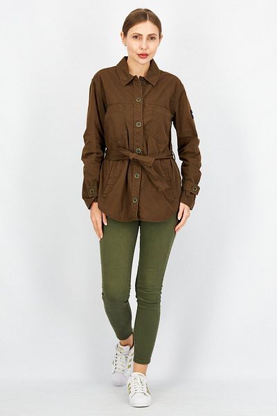 Aigle Women Solid Long Sleeves Belted Shirt Jacket, Dark Olive