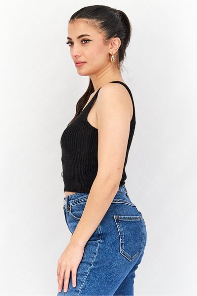 Threadbare بلوزة نسائية قصيرة بدون أكمام ورقبة على شكل حرف U، لون أسود