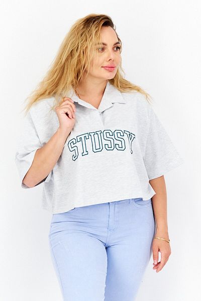 Stussy Women Spread Collar Neck Short Sleeves Embroidered Logo T shirt, Grey