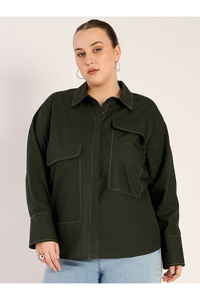 Femmella By Styli Plus Size Contrast Stitch Detail Regular Fit Shirt
