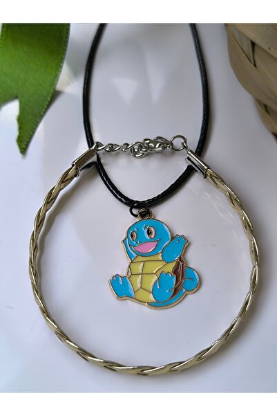 Esey Dizayn Squirtle Pokemon Kolye Ve Deri Bileklik