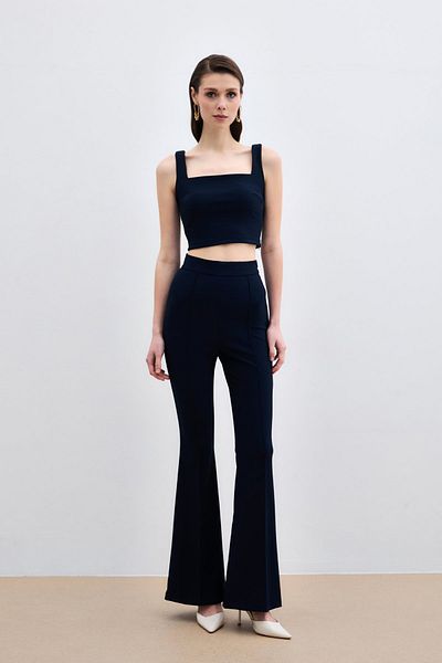 Sateen Square Neck Crop Blouse - Navy Blue