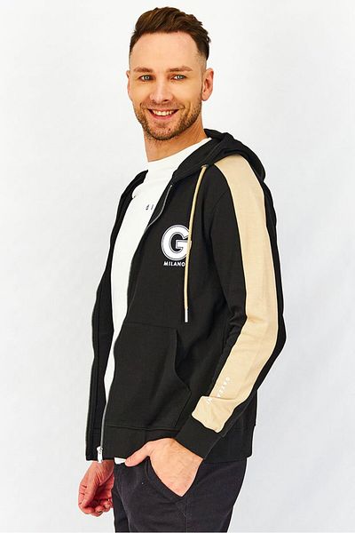 GAZZARRİNİ Men Graphic Print Long Sleeve Hooded Sweatshirt, Black And Tan