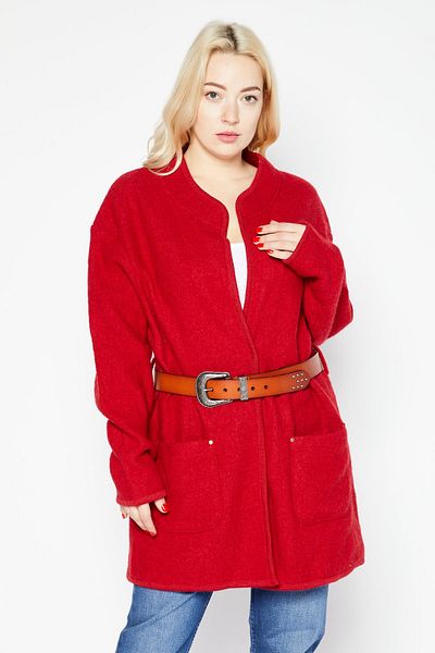 IKKS Women Belted Split Neck Textured Cardigan, Red