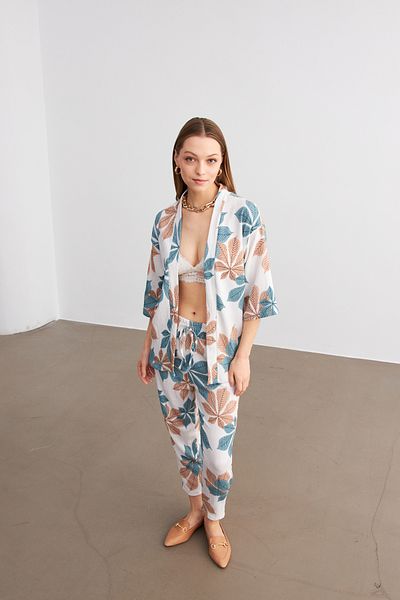 MODAGEN Set de pantaloni de cămașă kimono cu imprimeu floral albastru-alb deschis pentru femei