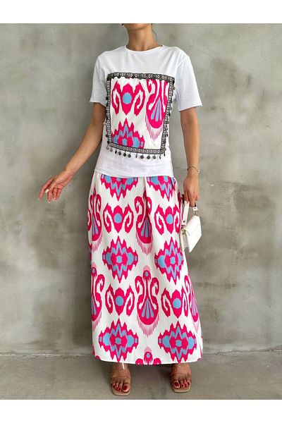 LE CARAMBOLE Women's White Pink Ethnic Patterned Blouse Skirt Double Set