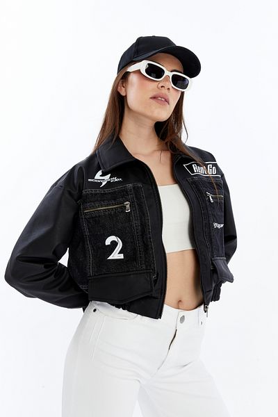 CHOS7N Jachetă de blugi oversize pentru femei, cu mâneci din piele, cu garnitură, haină de motociclist, cu imprimeu, pentru curse, pentru colegiu