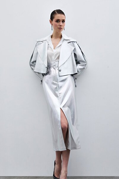 Sateen Yırtmaçlı Parlak Kalem Etek - Gümüş