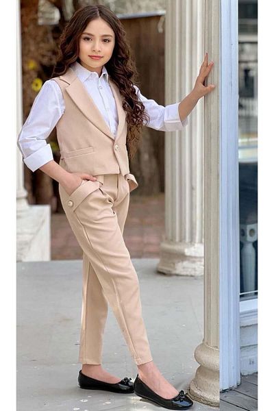Riccotarz Girl's Silver Button Detailed Vest Gabardine White Shirt Cream Bottom Top Set