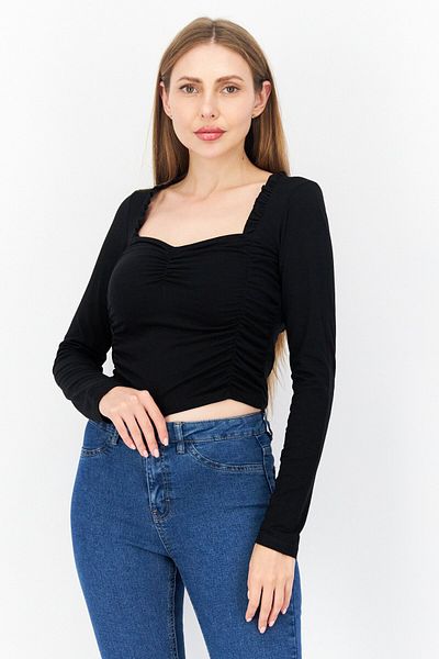 NA-KD Women Square Neck Long Sleeve Plain Shirt, Black