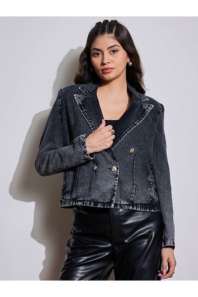 Sassafras By Styli Button Details Notch Collar Denim Crop Blazer
