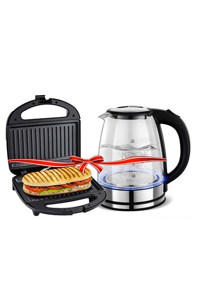 Klikon 2 in 1 Slice Sandwich / Panini Grill Maker with Electric Kettle 1500W KGT-810 + RE-11604