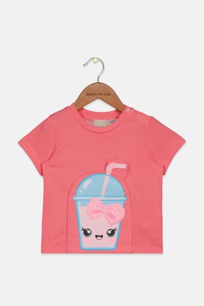 Chicco بلوزة جرافيكية بأكمام قصيرة ورقبة دائرية للبنات الصغار، وردي