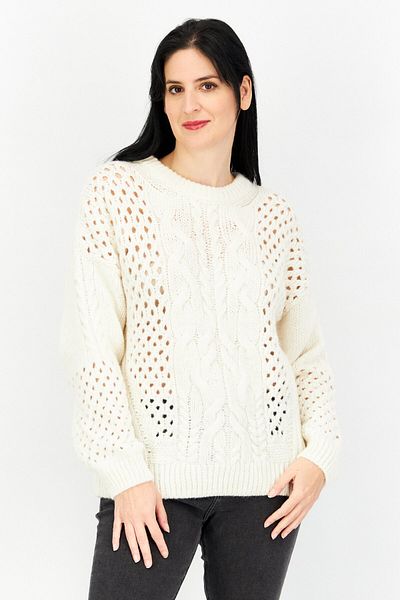 Esprit Women Ribbed Collar Long Sleeve Knitted Sweaters, Beige